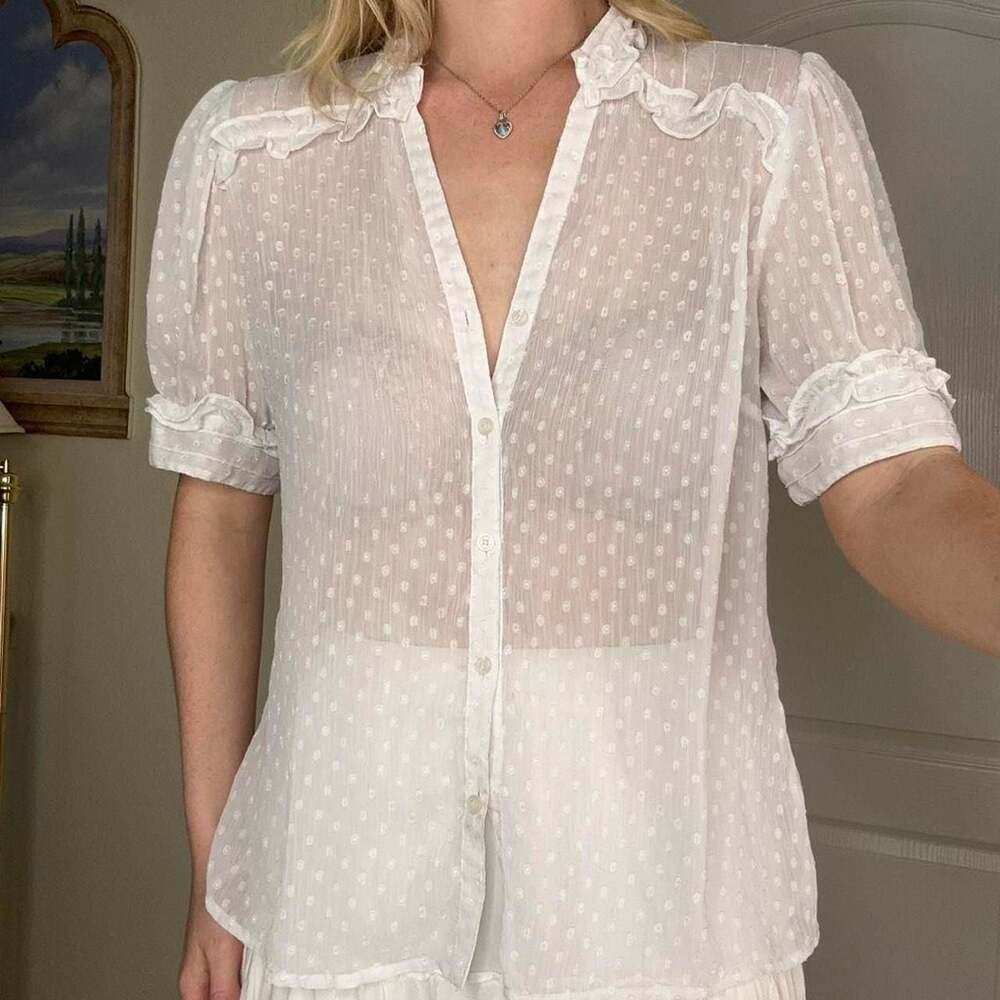 George Me Designs By Mark Eisen Arctic White Sheer Swiss Dot Ruffle Blouse